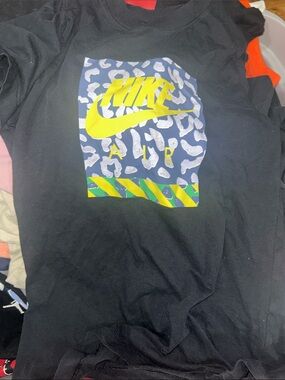 Nike Black Tee with Yellow Swoosh and Blue Leopard Panel